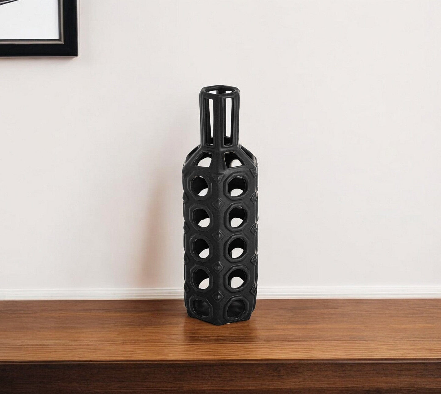 12" Black Ceramic Pierced Geometric Cylinder Table Vase - Homeroots - Flyclothing LLC