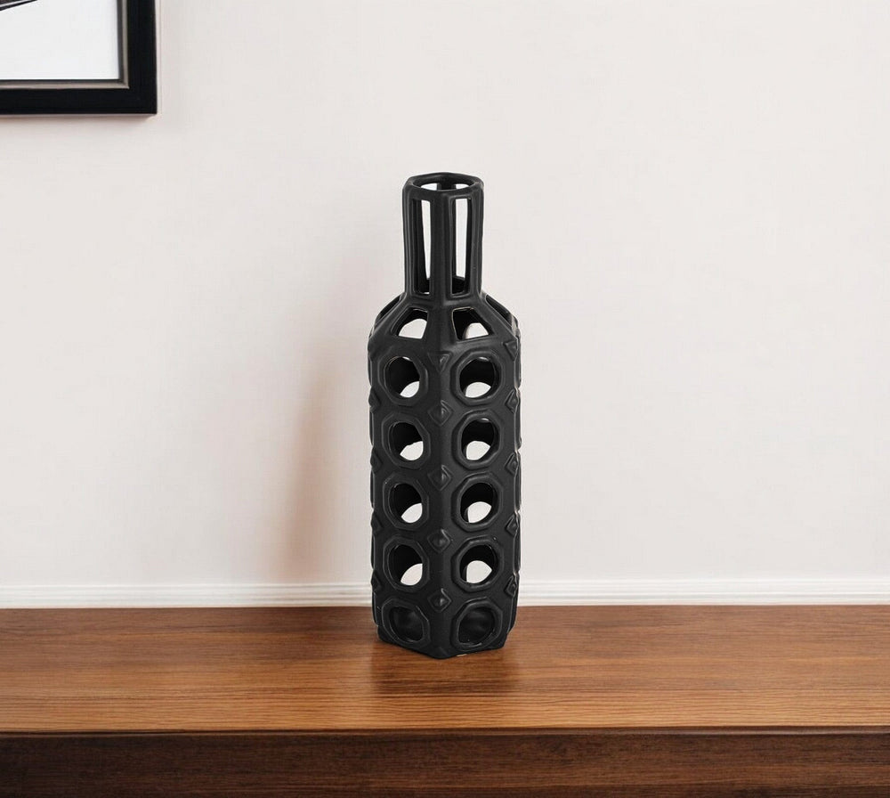 12" Black Ceramic Pierced Geometric Cylinder Table Vase - Homeroots
