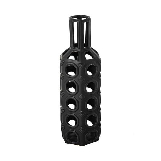 12" Black Ceramic Pierced Geometric Cylinder Table Vase - Homeroots