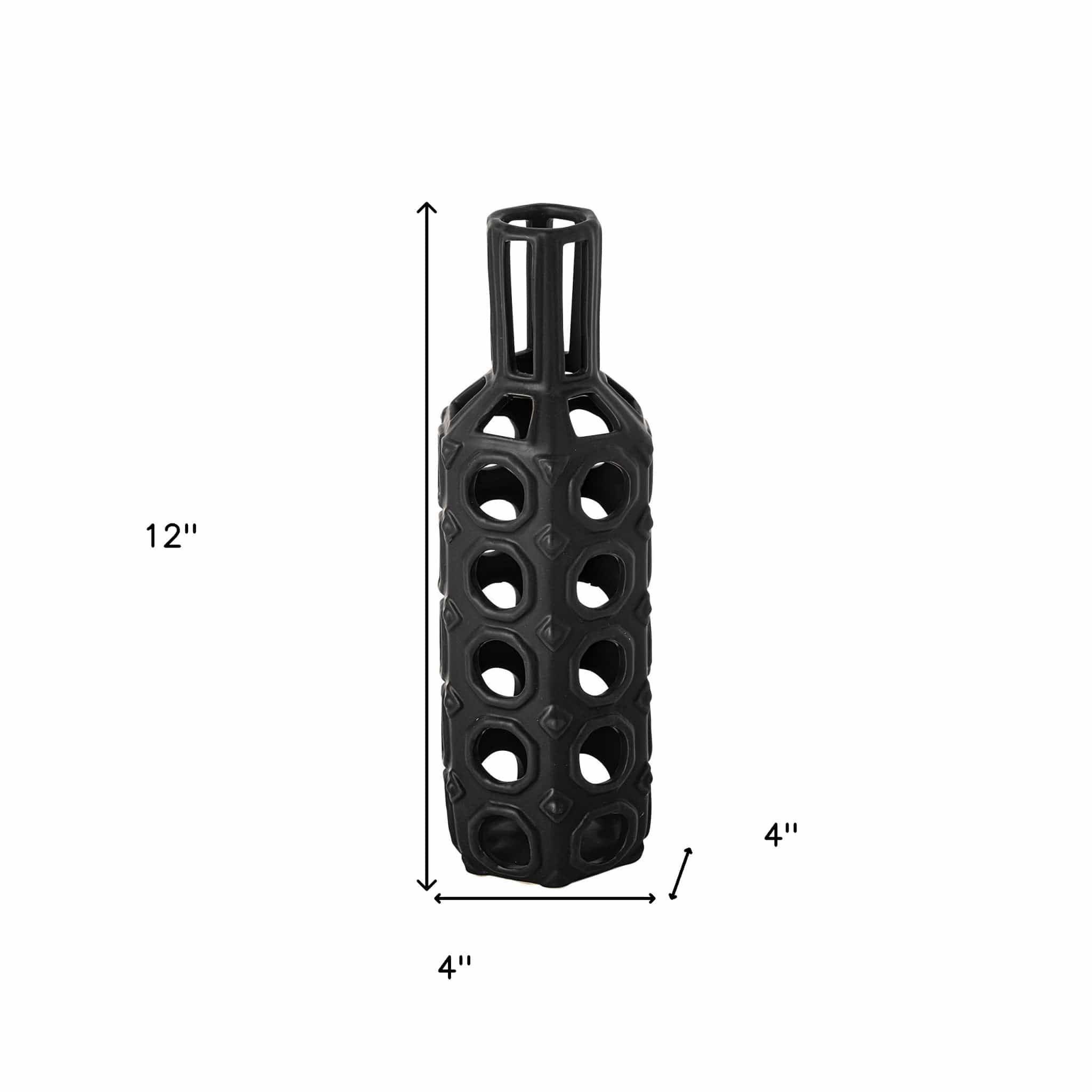 12" Black Ceramic Pierced Geometric Cylinder Table Vase - Homeroots - Flyclothing LLC
