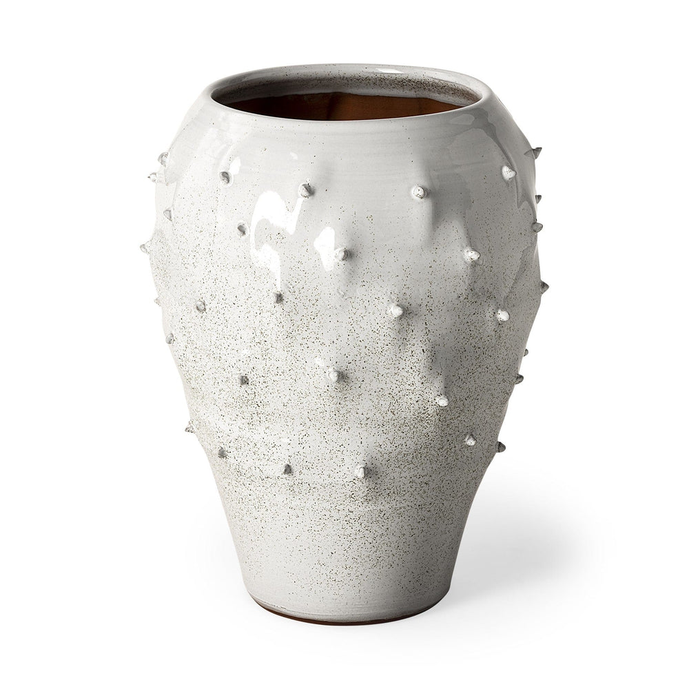 14" White Spiked Organic Glaze Large Mouth Ceramic Vase - Homeroots