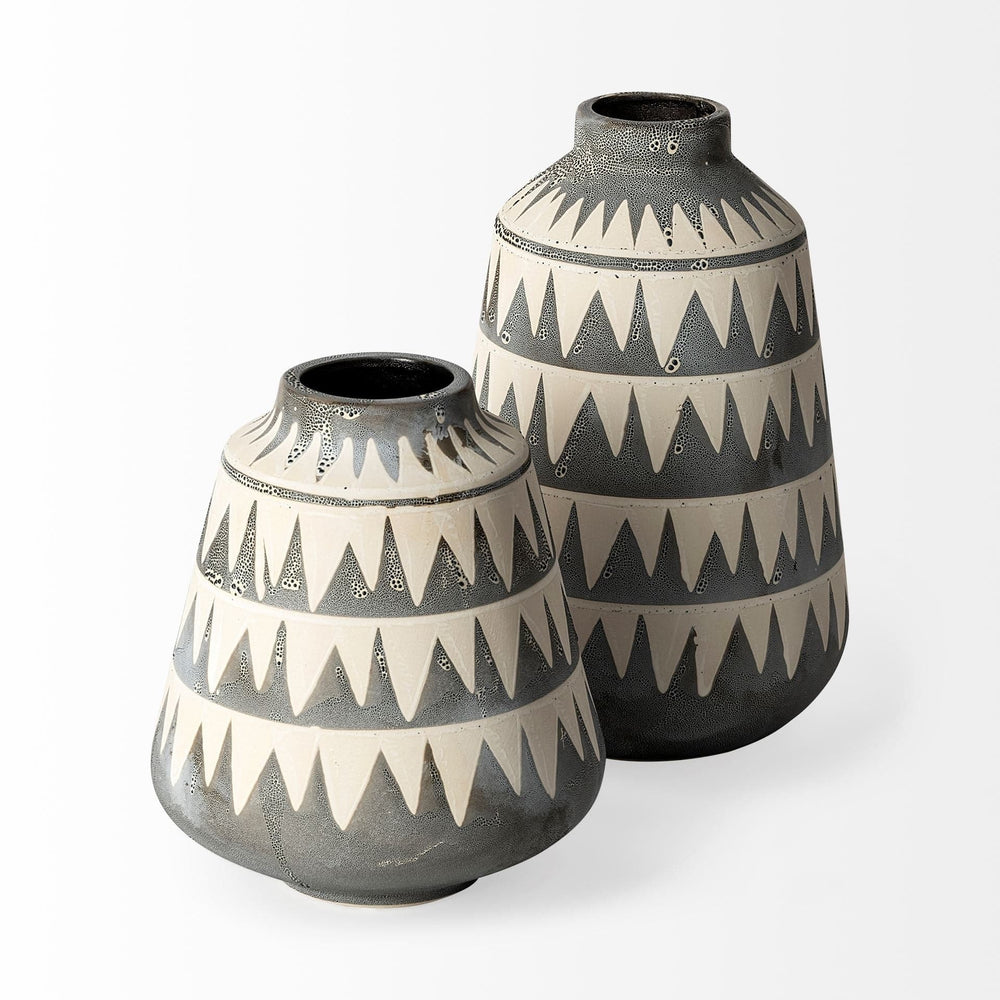 10" Gray and Ivory Triangle Pattern Ceramic Vase - Homeroots