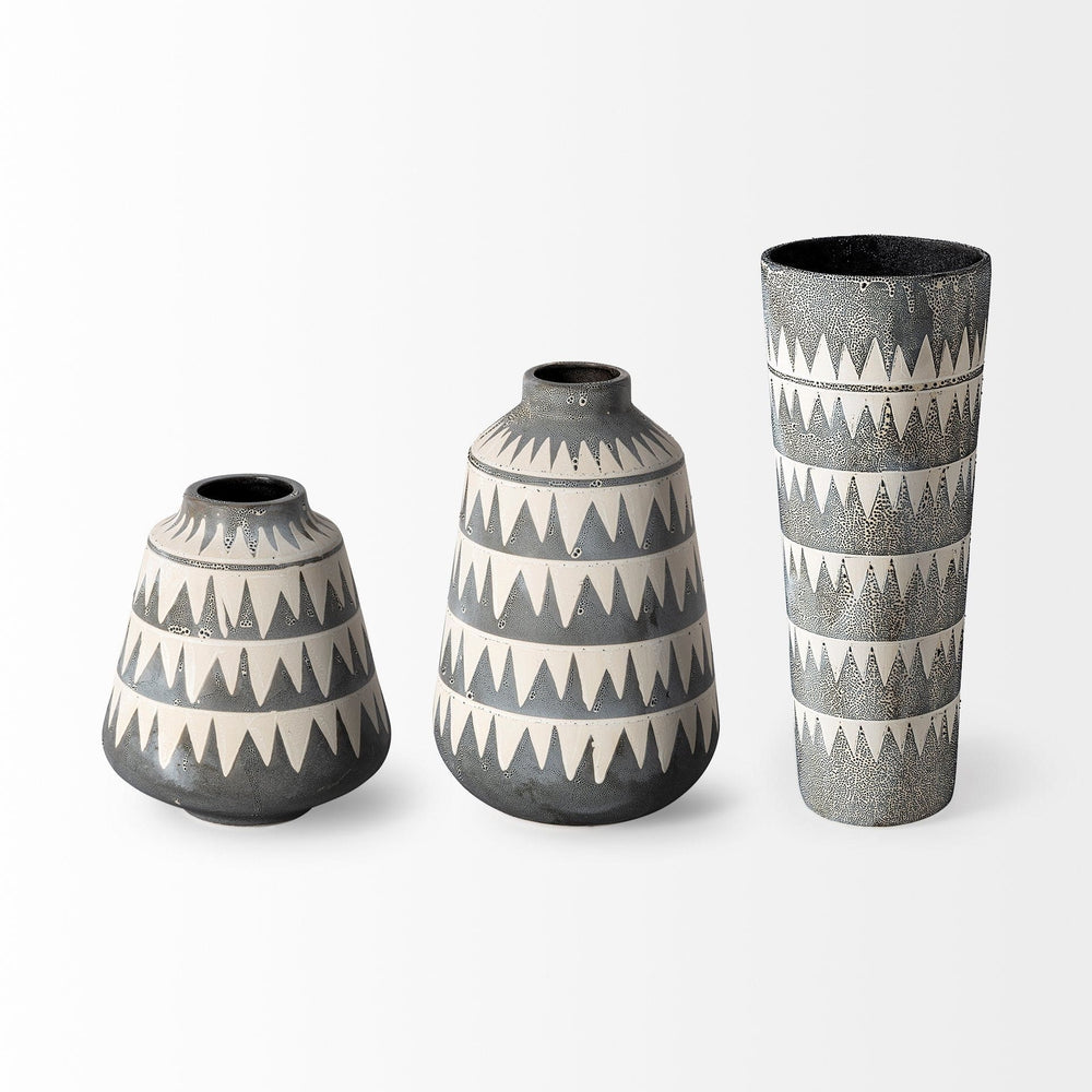 10" Gray and Ivory Triangle Pattern Ceramic Vase - Homeroots