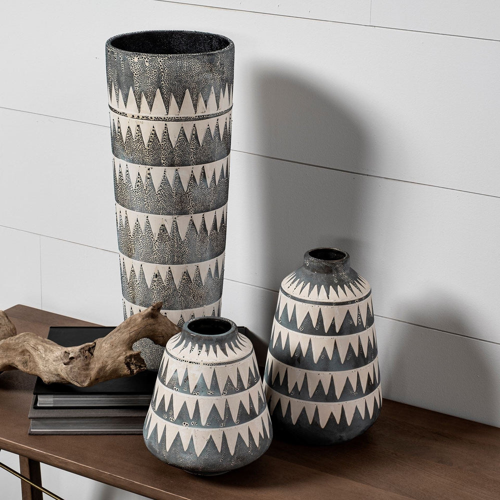 10" Gray and Ivory Triangle Pattern Ceramic Vase - Homeroots
