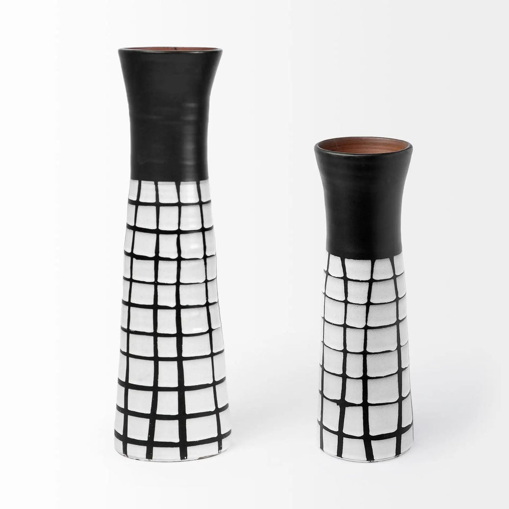 24" Black and White Modern Grid Ceramic Vase - Homeroots