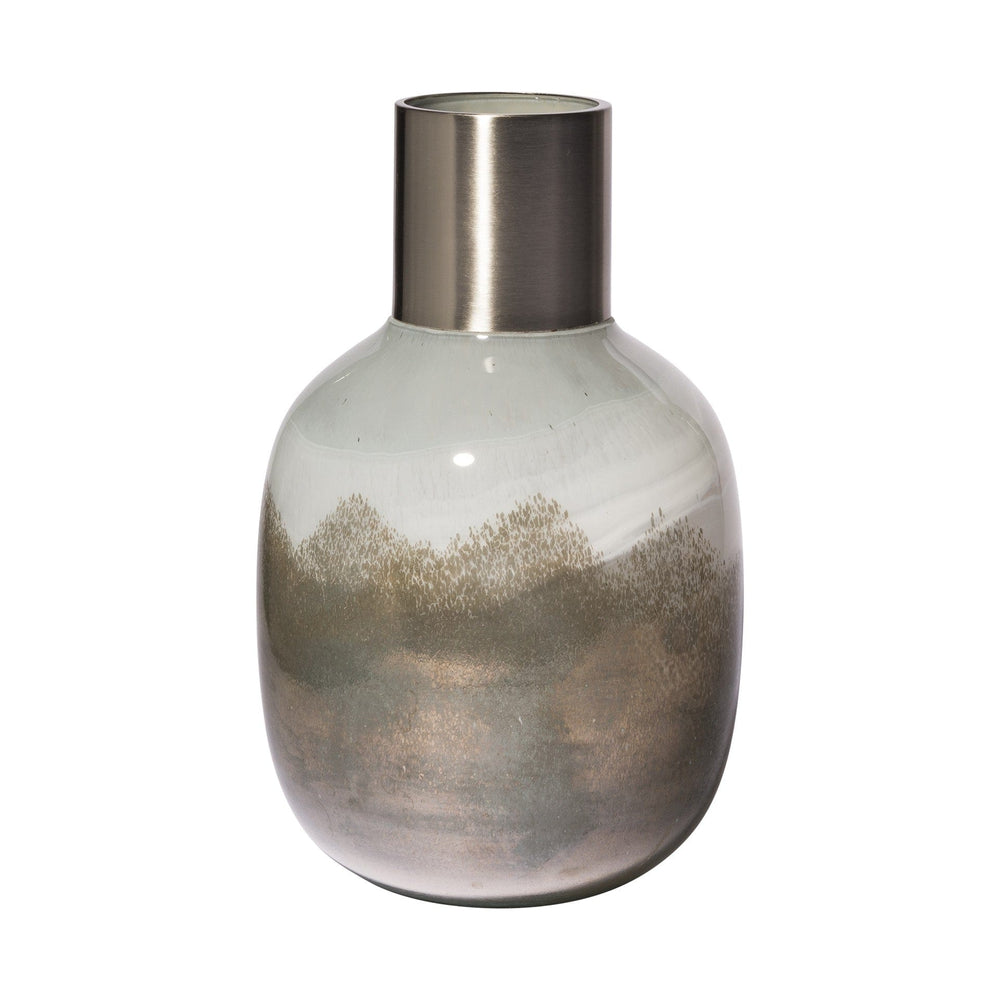 13" Cream and Brown Ombre Glass Vase with Dark Bronze Top - Homeroots