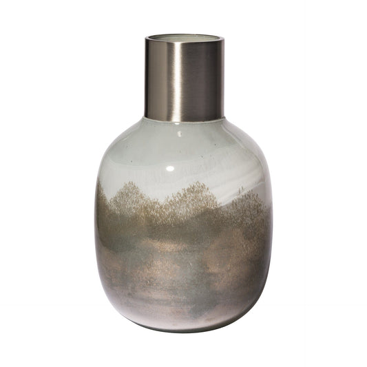13" Cream and Brown Ombre Glass Vase with Dark Bronze Top - Homeroots