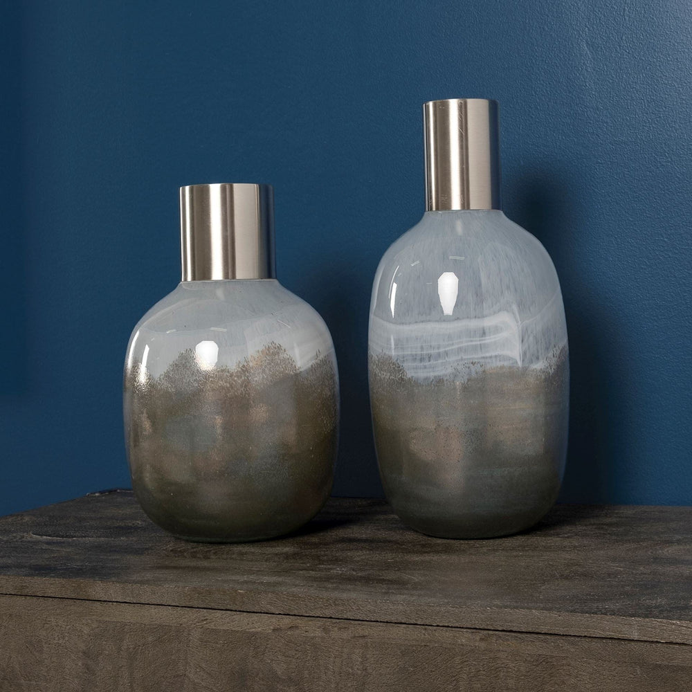 13" Cream and Brown Ombre Glass Vase with Dark Bronze Top - Homeroots