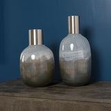 13" Cream and Brown Ombre Glass Vase with Dark Bronze Top - Homeroots