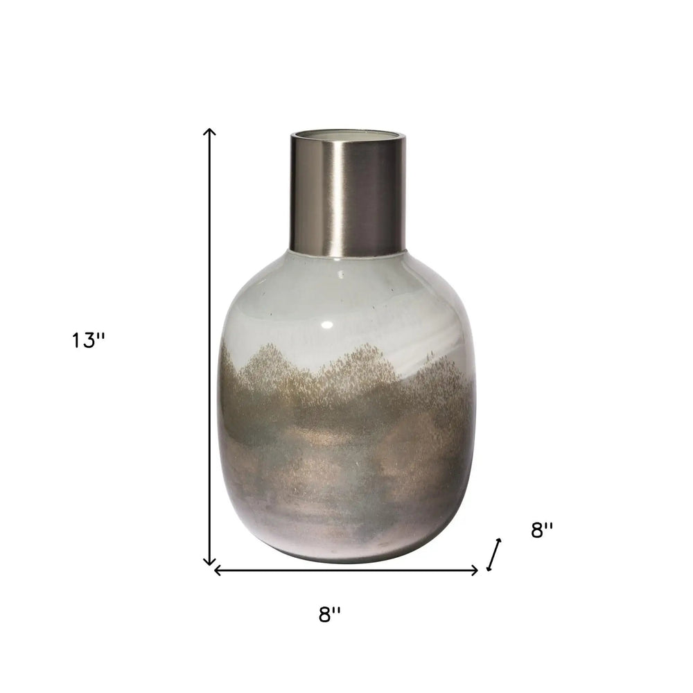 13" Cream and Brown Ombre Glass Vase with Dark Bronze Top - Homeroots
