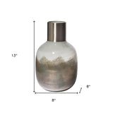 13" Cream and Brown Ombre Glass Vase with Dark Bronze Top - Homeroots