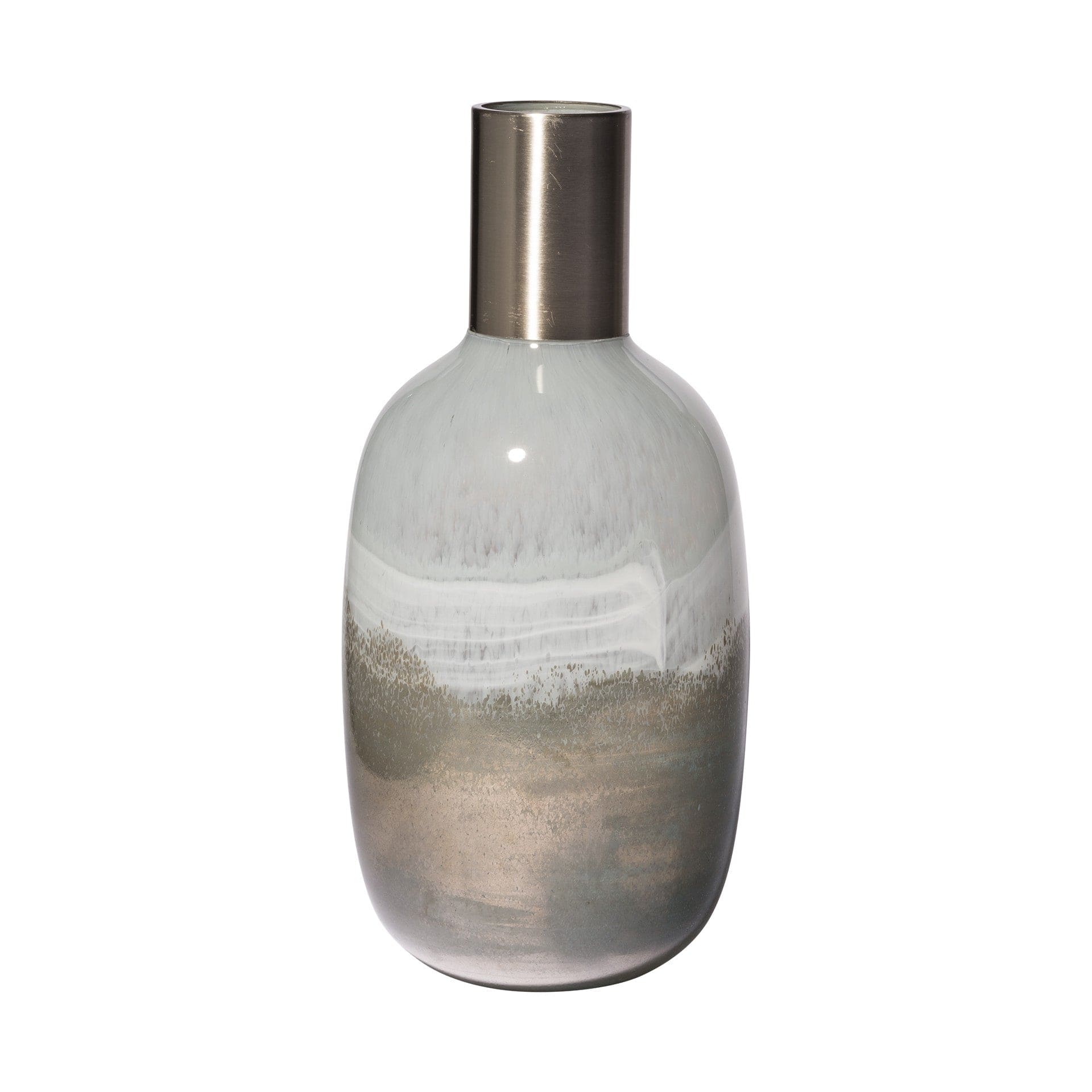 16" Cream and Brown Ombre Glass Vase with Dark Bronze Top - Homeroots - Flyclothing LLC