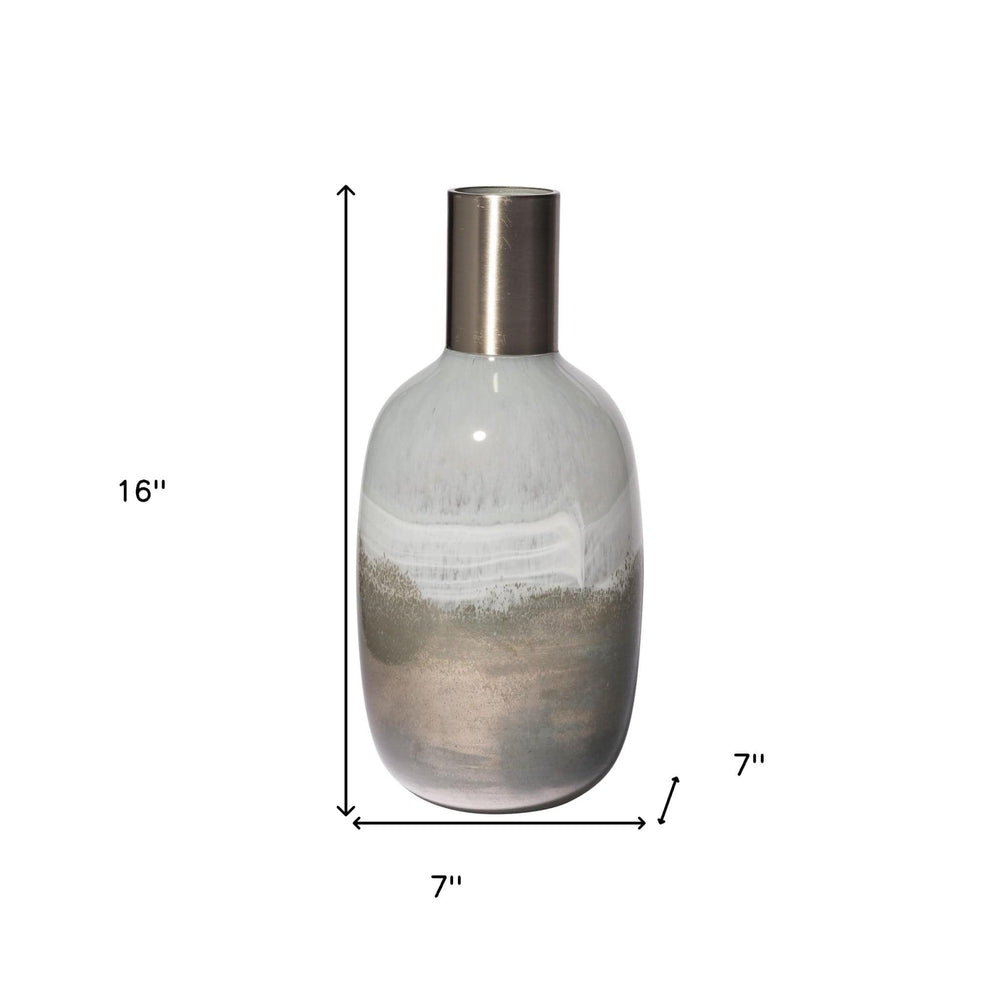 16" Cream and Brown Ombre Glass Vase with Dark Bronze Top - Homeroots