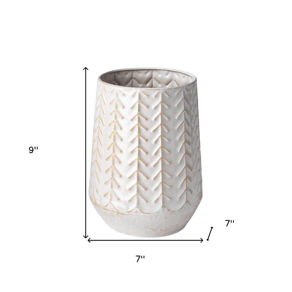 9" White Organically Embossed Chevron Metal Vase - Homeroots