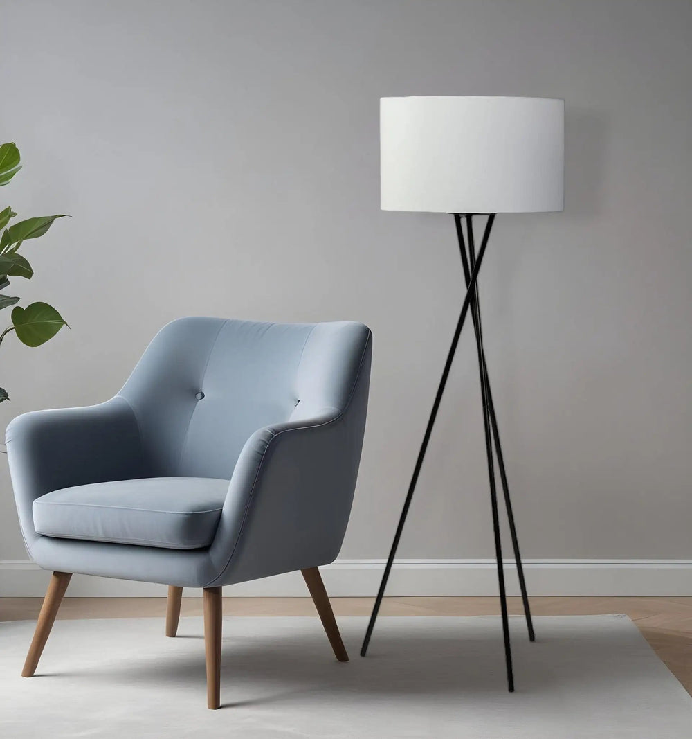 66" Black Tripod Floor Lamp With White Fabric Drum Shade - Homeroots