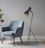 58" Black Metal Tripod Floor Lamp With Black And Gold Metal Cone Shade - Homeroots