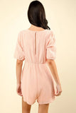 VERY J Lace Detail Puff Sleeve Romper with Pockets - Trendsi