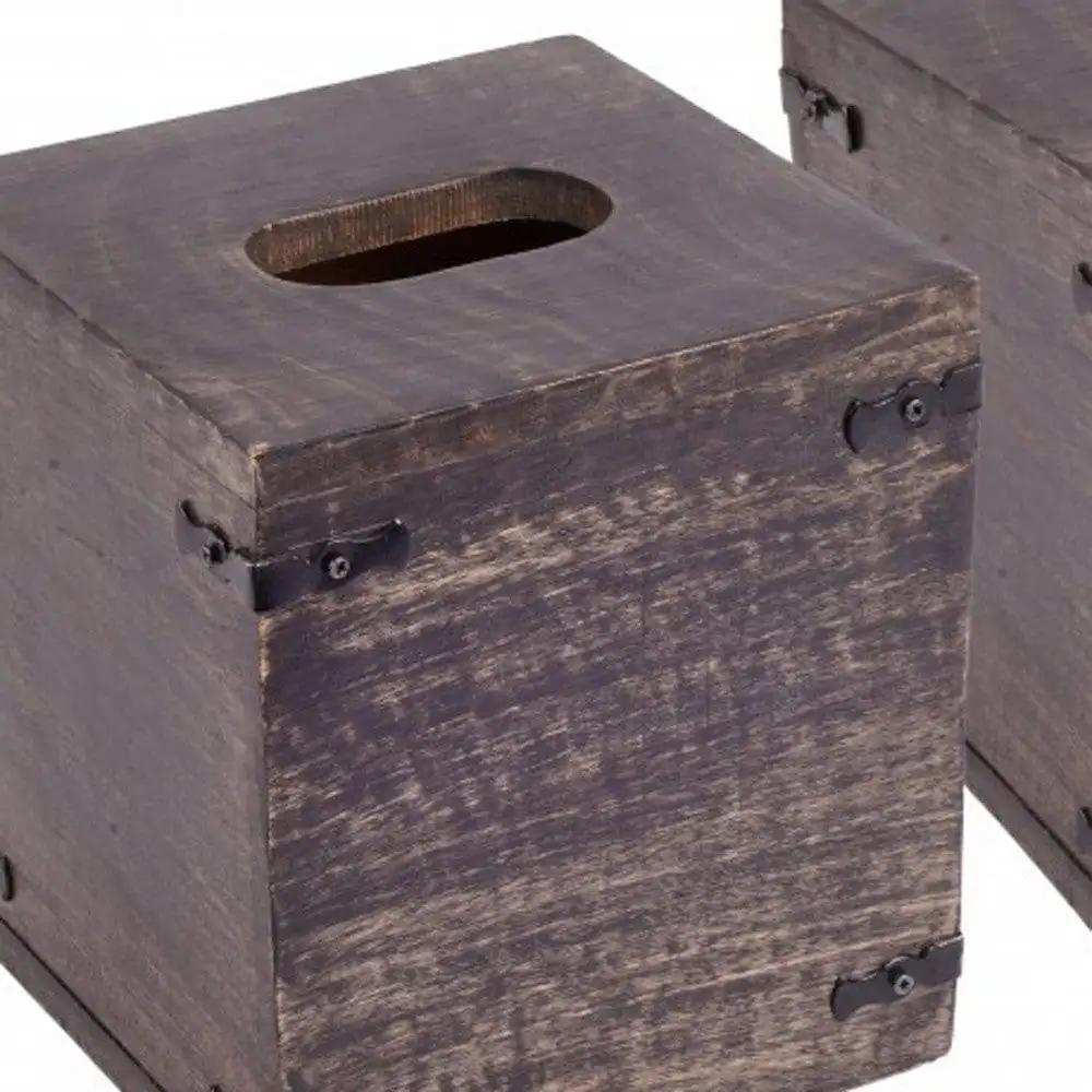 Set of 2 Rustic Dark Burnt Mango Wood Square Tissue Holders - Homeroots - Flyclothing LLC