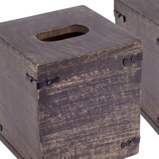 Set of 2 Rustic Dark Burnt Mango Wood Square Tissue Holders - Homeroots