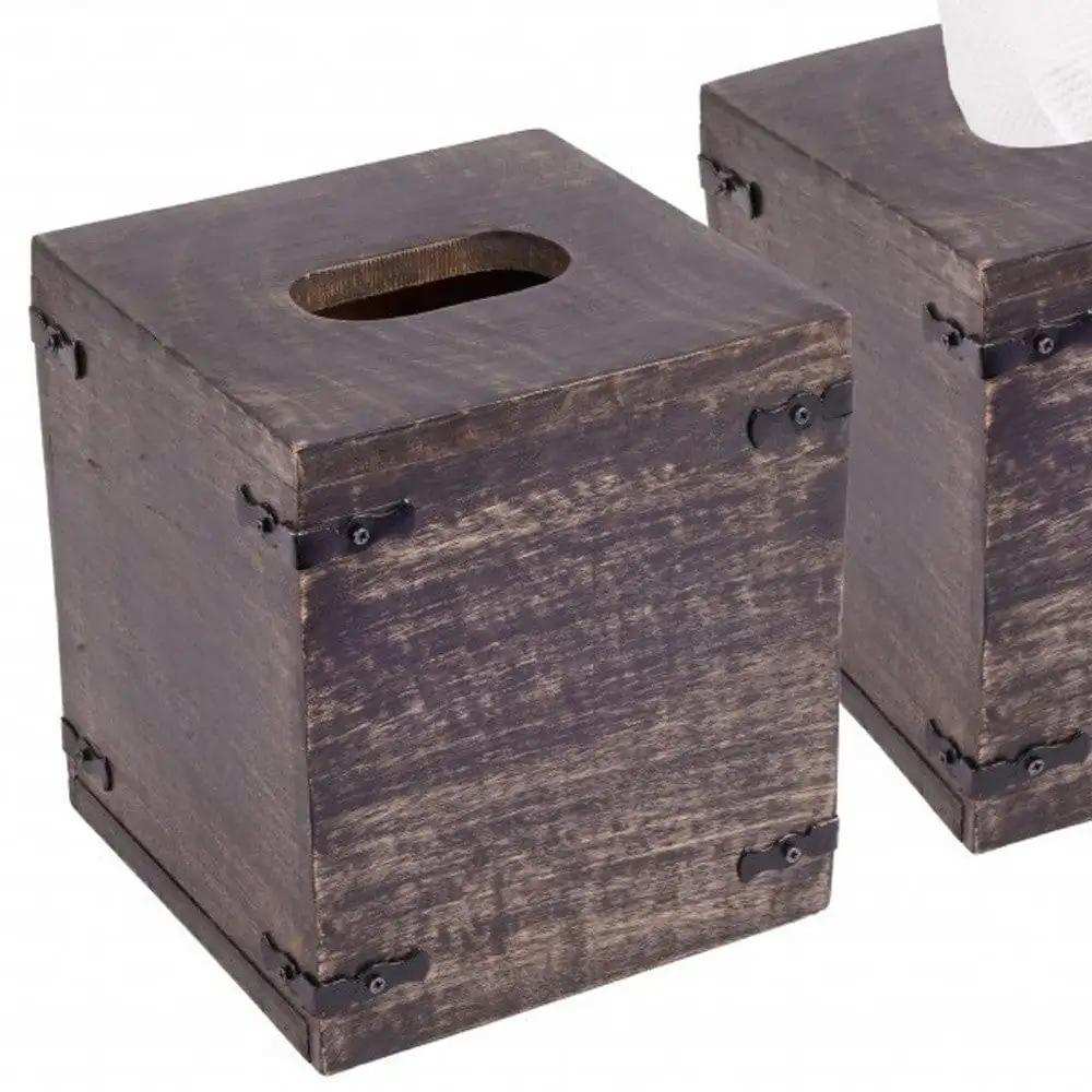 Set of 2 Rustic Dark Burnt Mango Wood Square Tissue Holders - Homeroots - Flyclothing LLC