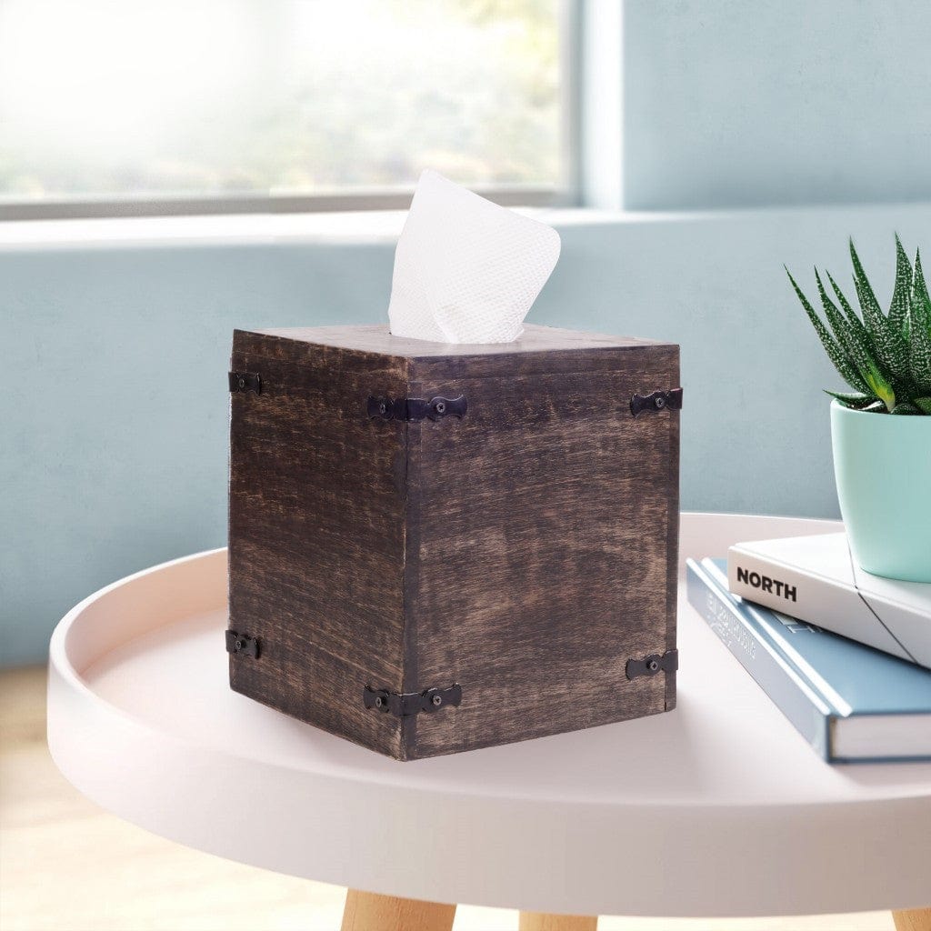 Set of 2 Rustic Dark Burnt Mango Wood Square Tissue Holders - Homeroots