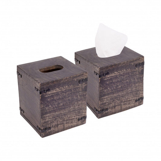 Set of 2 Rustic Dark Burnt Mango Wood Square Tissue Holders - Homeroots