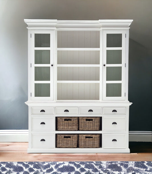 87" White Wood Bookcase with Glass Doors Drawers and Baskets - Homeroots