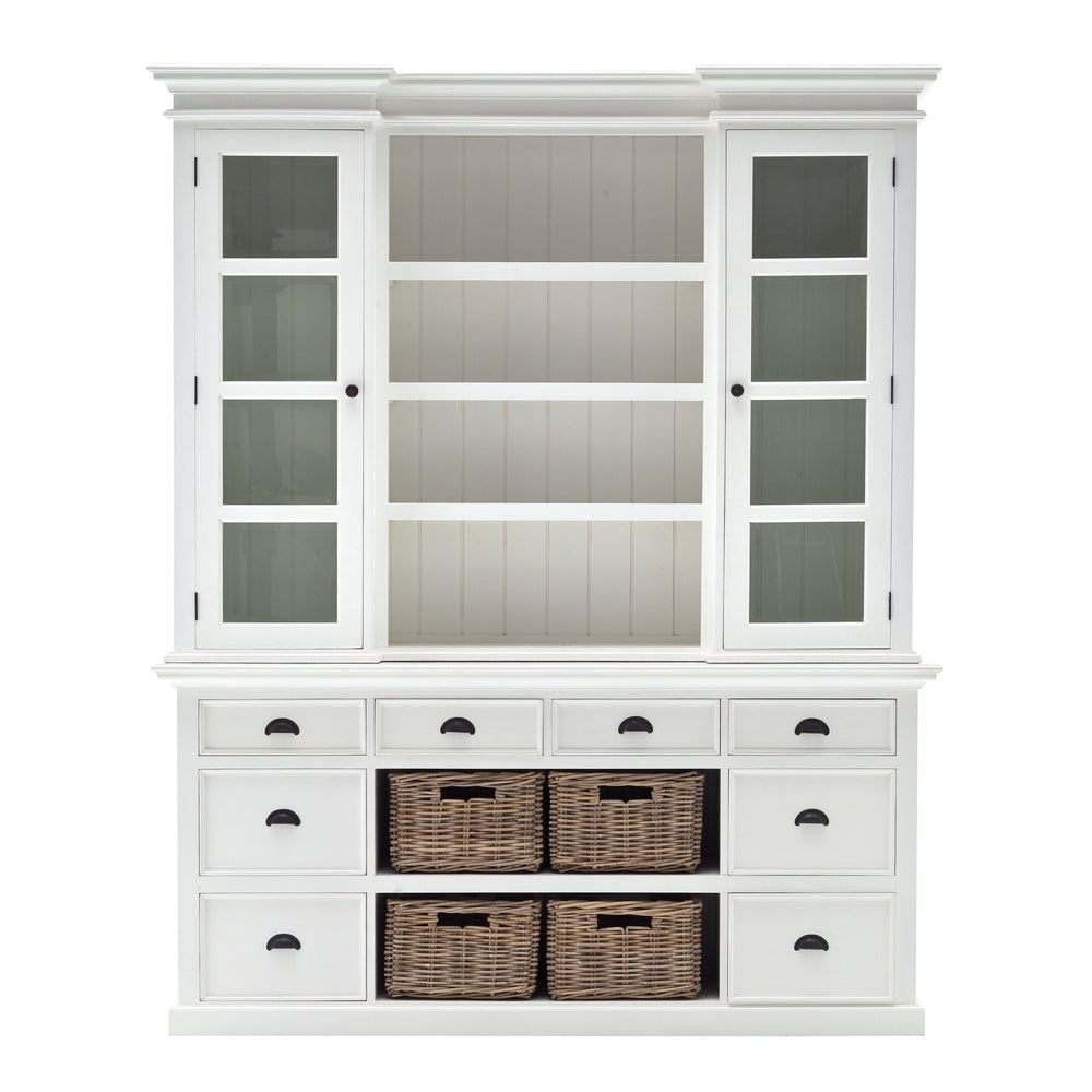 87" White Wood Bookcase with Glass Doors Drawers and Baskets - Homeroots