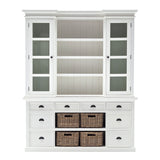 87" White Wood Bookcase with Glass Doors Drawers and Baskets - Homeroots
