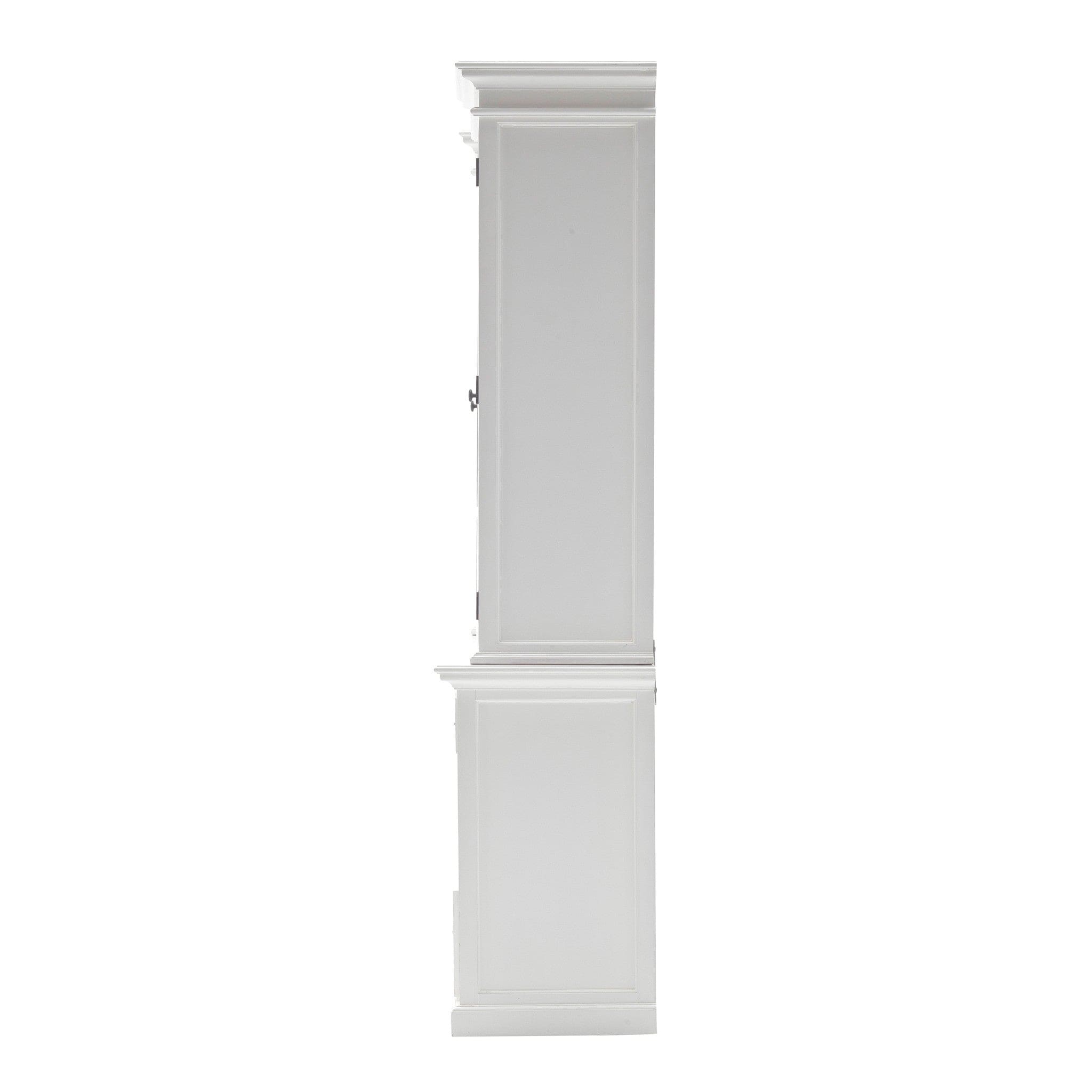 87" White Wood Bookcase with Glass Doors Drawers and Baskets - Homeroots