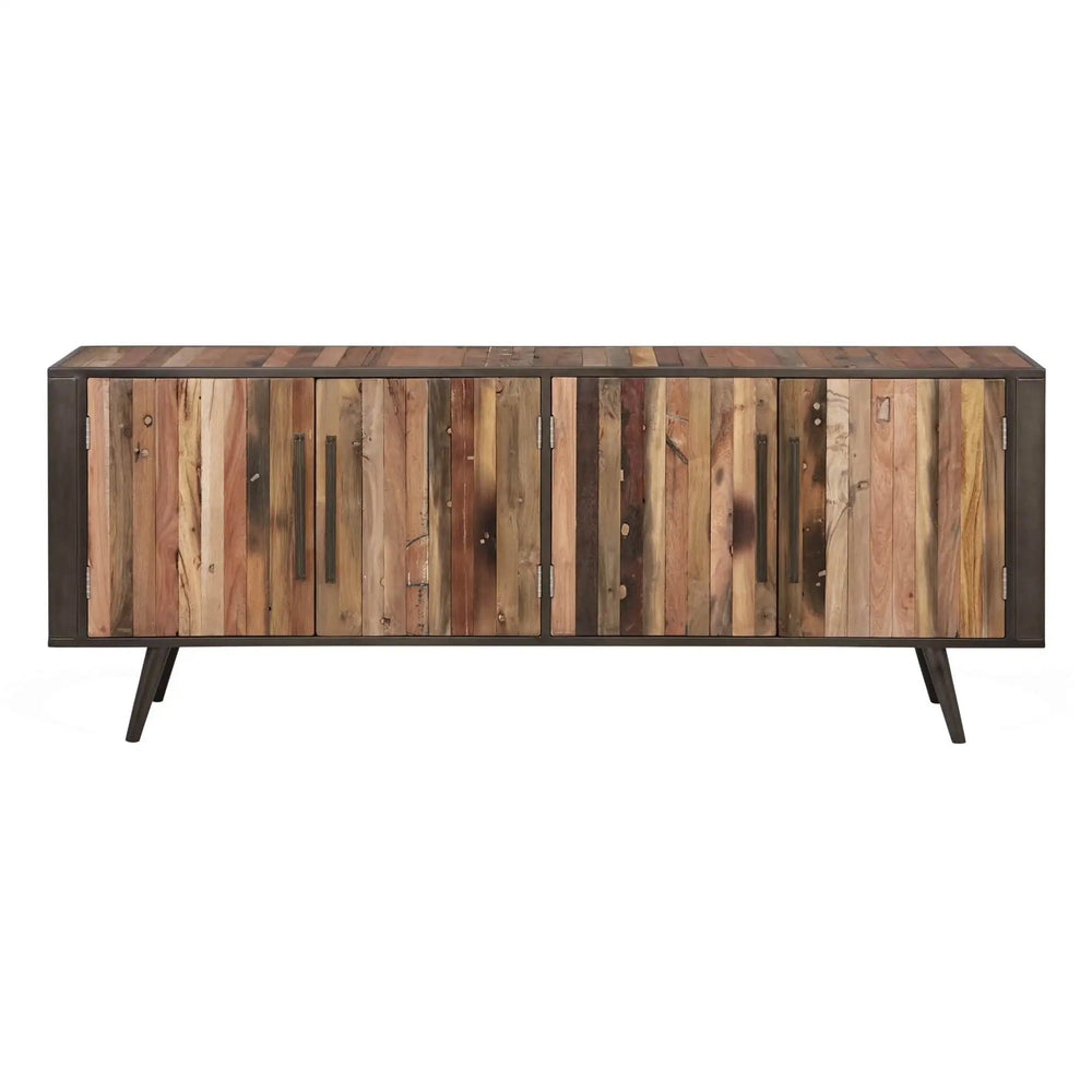 79" Wood Brown Recycled Boat Wood And Iron Cabinet Enclosed Storage TV Stand - Homeroots