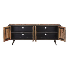 79" Wood Brown Recycled Boat Wood And Iron Cabinet Enclosed Storage TV Stand