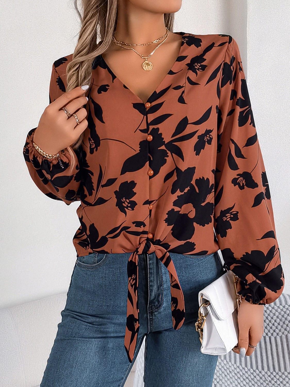 Printed V-Neck Long Sleeve Blouse - Trendsi