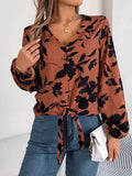 Printed V-Neck Long Sleeve Blouse - Trendsi - Flyclothing LLC