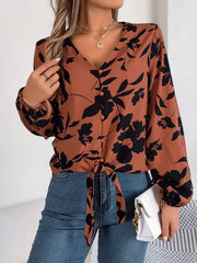 Printed V-Neck Long Sleeve Blouse - Trendsi