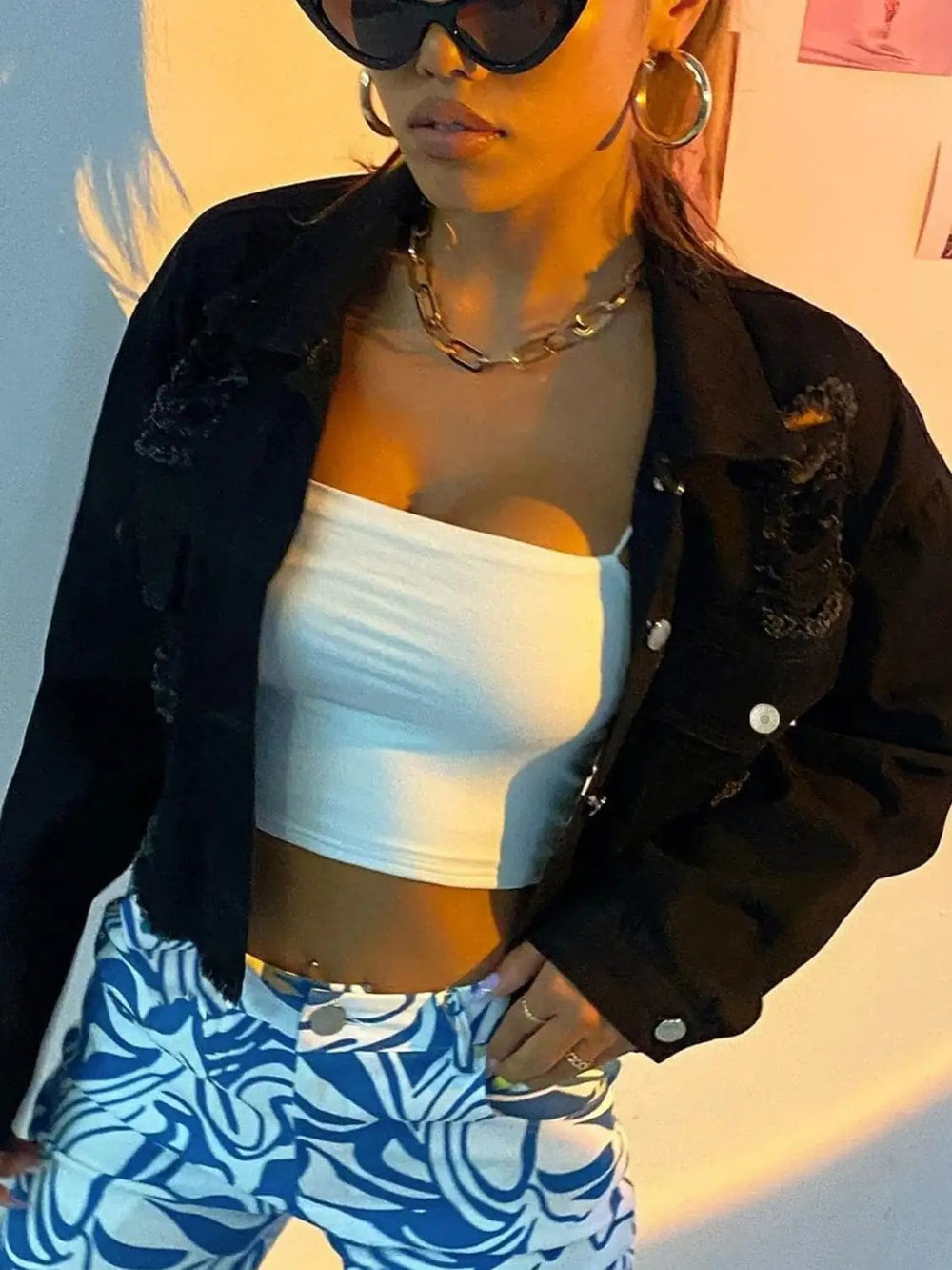 Distressed Collared Neck Long Sleeve Denim Top - Trendsi