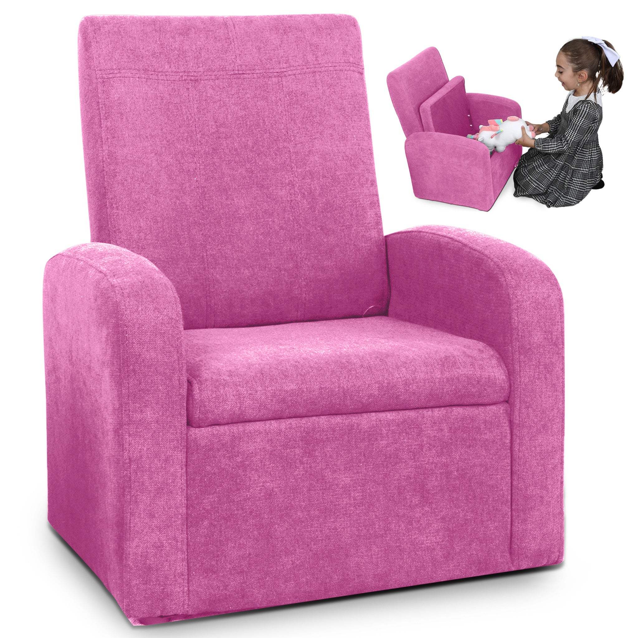 Kids Pink Comfy Upholstered Recliner Chair with Storage - Homeroots - Flyclothing LLC