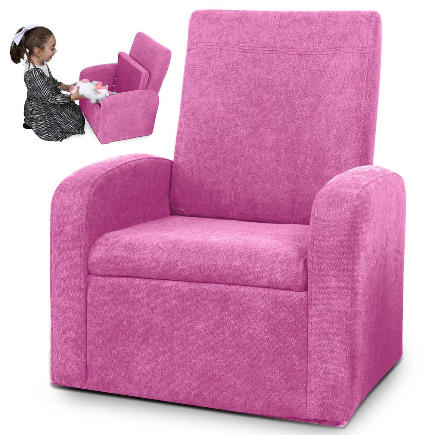 Kids Pink Comfy Upholstered Recliner Chair with Storage - Homeroots - Flyclothing LLC
