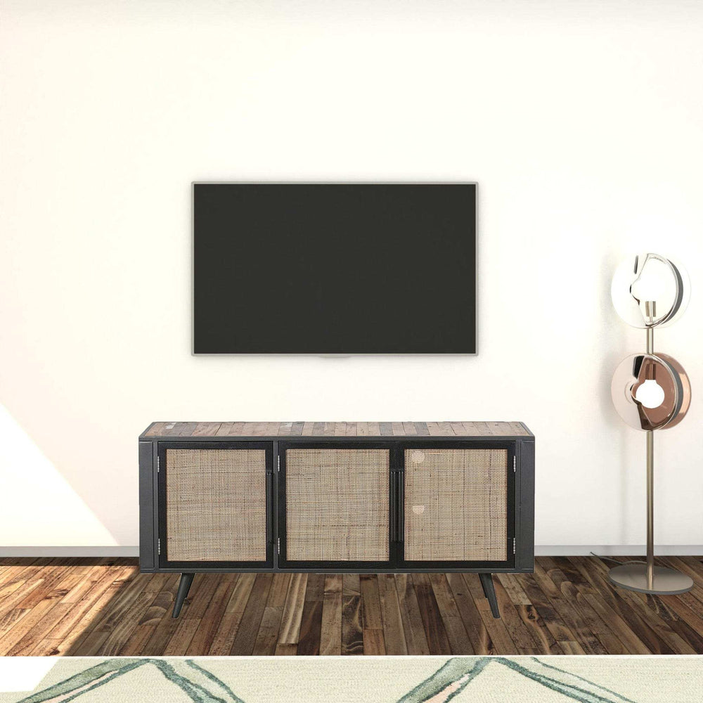 Rustic Black Natural and Rattan Media Cabinet with Three Doors - Homeroots - Flyclothing LLC