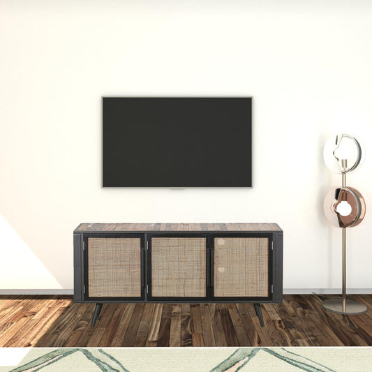 Rustic Black Natural and Rattan Media Cabinet with Three Doors - Homeroots
