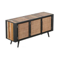 Rustic Black Natural and Rattan Media Cabinet with Three Doors - Homeroots