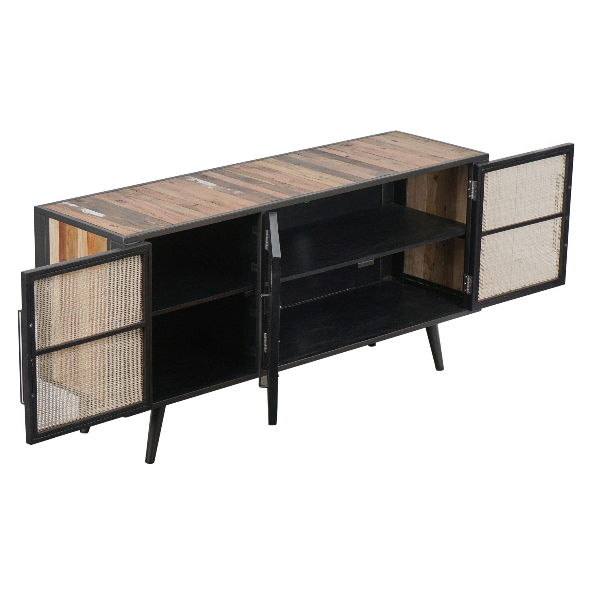 Rustic Black Natural and Rattan Media Cabinet with Three Doors - Homeroots