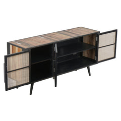 Rustic Black Natural and Rattan Media Cabinet with Three Doors - Homeroots