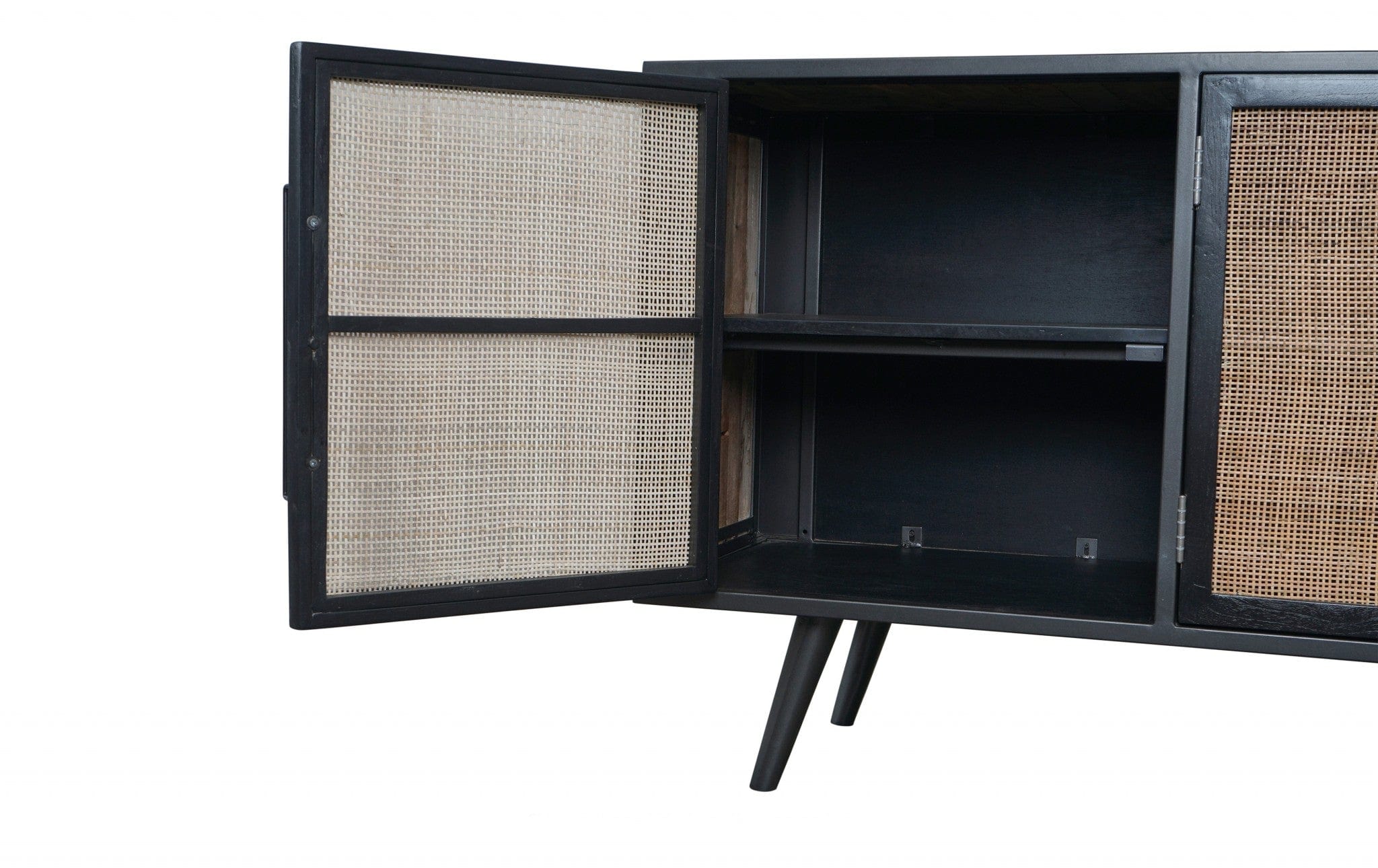 Rustic Black Natural and Rattan Media Cabinet with Three Doors - Homeroots