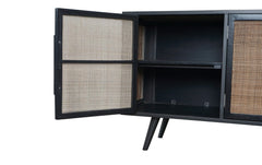 Rustic Black Natural and Rattan Media Cabinet with Three Doors - Homeroots