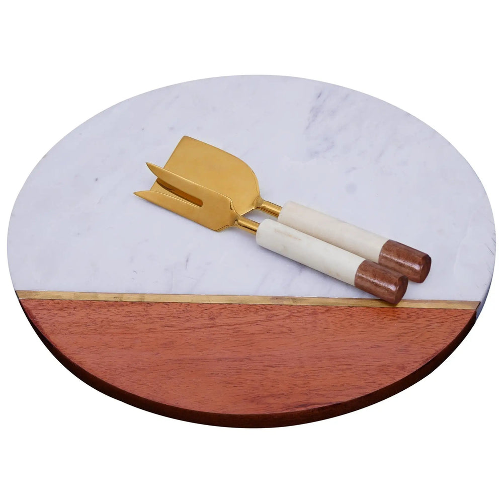 12" Wood and Marble Cheese Board and Knife Set - Homeroots