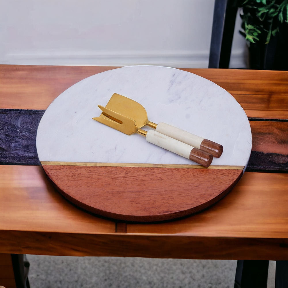 12" Wood and Marble Cheese Board and Knife Set - Homeroots - Flyclothing LLC