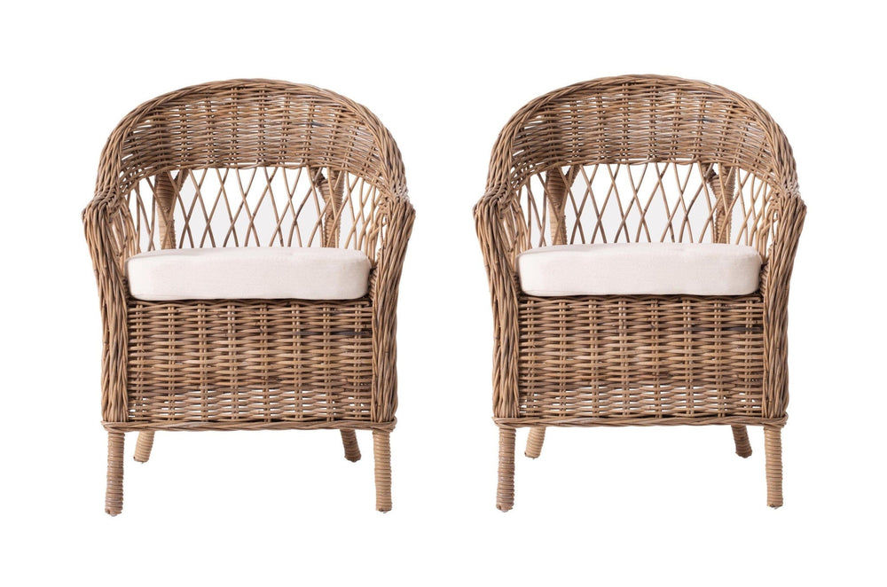 Set of Two Gray Brown Semi Circle Back Wicker Chairs with Seat Cushions - Homeroots
