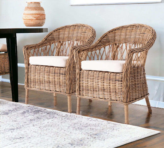 Set of Two Gray Brown Semi Circle Back Wicker Chairs with Seat Cushions - Homeroots - Flyclothing LLC