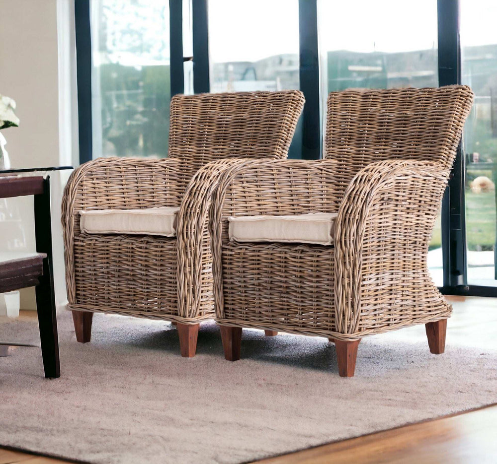 Set Of Two Natural Brown Rattan Wingback Wicker Chairs with Seat Cushions - Homeroots - Flyclothing LLC